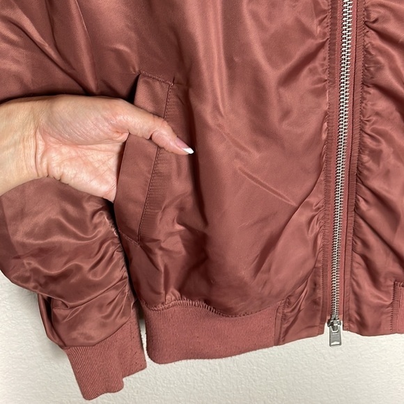 All Saints Myra Bomber Flight Jacket Rust Brown Red Ruched Nylon Sz XS - Picture 6 of 15